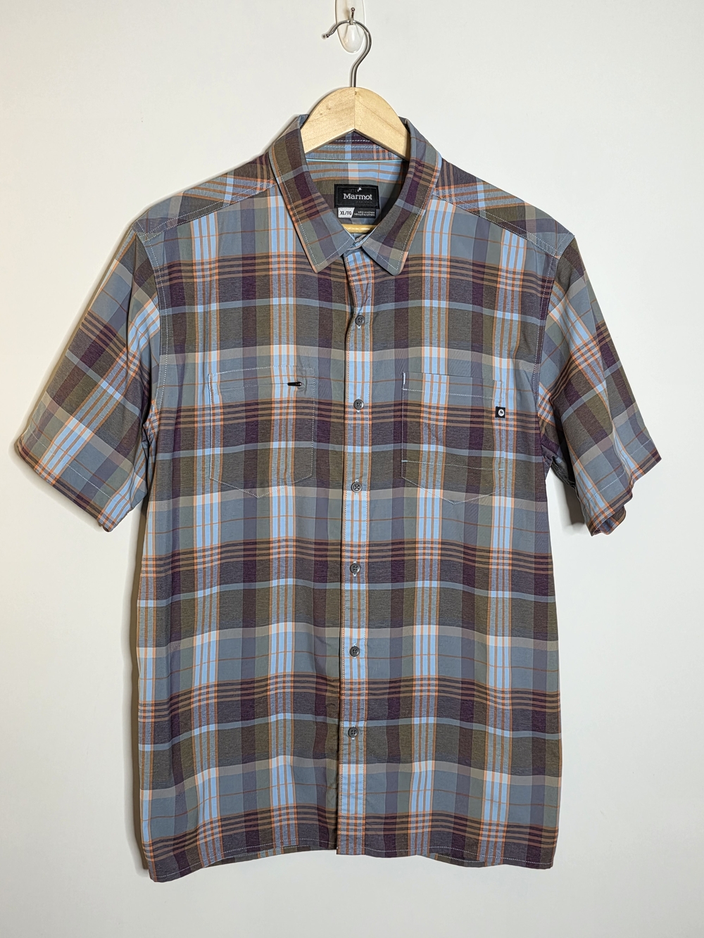 Marmot Men's Short Sleeve Plaid Button-Up Shirt Blue/Grey/orange Size XL